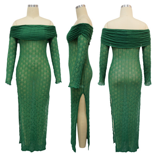 One neck long sleeved see through slit dress