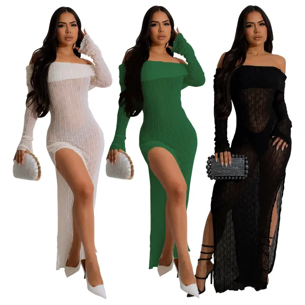 One neck long sleeved see through slit dress
