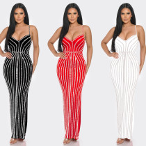 Women's Solid Color Chest Wrapping Hot Diamond Strap Long Dress