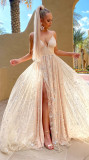 Deep V-strap dress with split iron plate long skirt