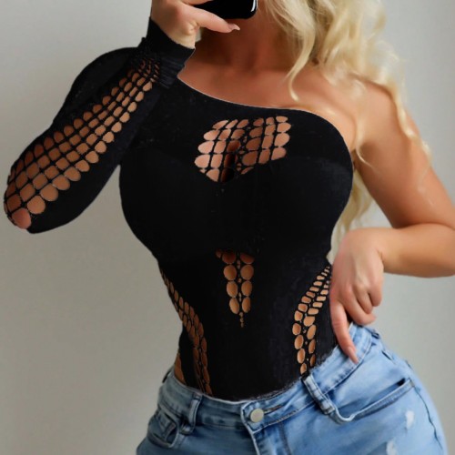 Hollow out irregular shoulder revealing lingerie single sleeve mesh jacket