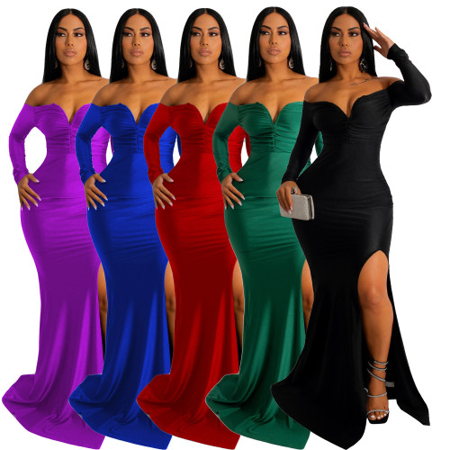 Silk long dress, long sleeved floor length skirt
