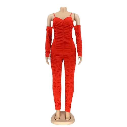 Women's jumpsuit with strapless long sleeves and suspender straps