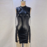 PU Leather Stand up Collar Strap Sleeveless Waist Bag Hip Dress