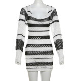 Hollow out backless lace up short skirt knitted striped dress
