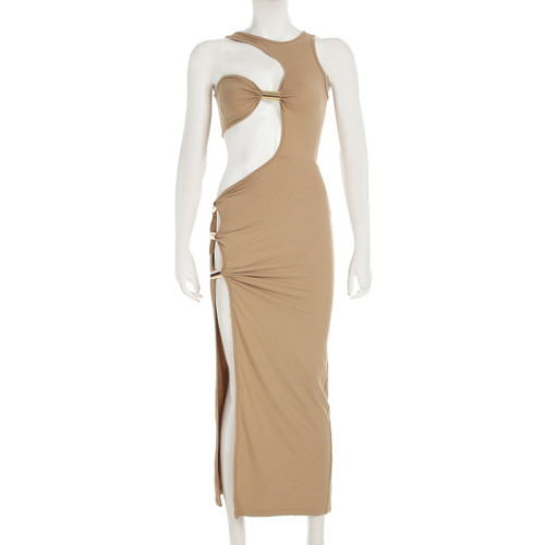 Metal tube splicing hollow irregular long skirt with off shoulder slit dress