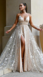 Deep V-strap dress with split iron plate long skirt