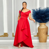 Solid color one shoulder sleeveless large skirt dress