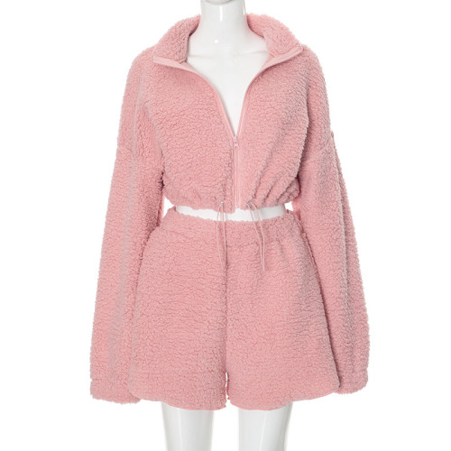 Plush collar zipper long sleeved top and shorts set