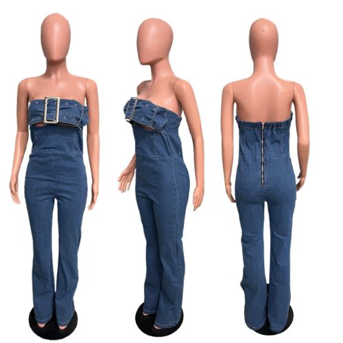 Strapless, backless, adjustable drawstring denim jumpsuit