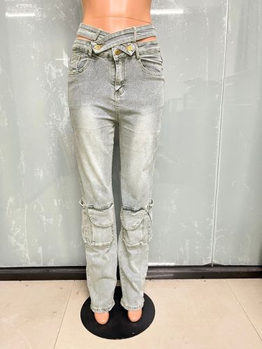 Wash water accordion bag zipper high stretch denim pants