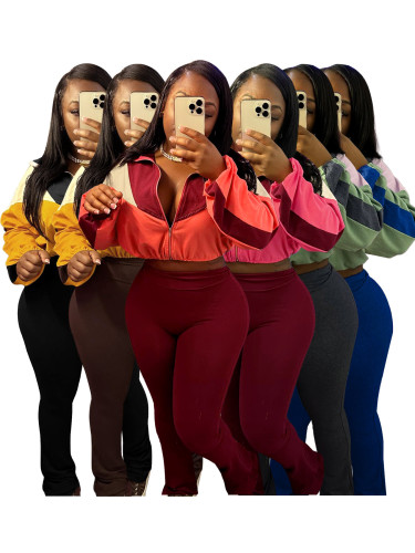 Color blocked navel high waist micro speaker two-piece set