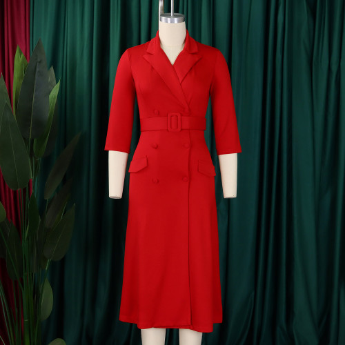 Double breasted suit collar solid color dress