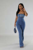 Strapless, backless, adjustable drawstring denim jumpsuit