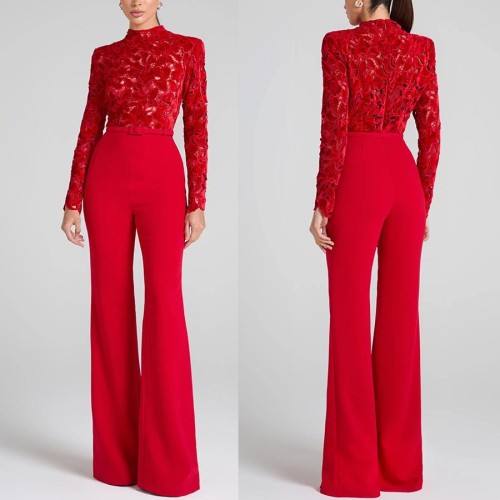 Long sleeved waistband jumpsuit flared pants