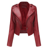 Zipper long sleeved leather jacket with rivets, short jacket