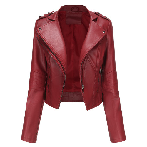 Zipper long sleeved leather jacket with rivets, short jacket