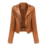 Zipper long sleeved leather jacket with rivets, short jacket