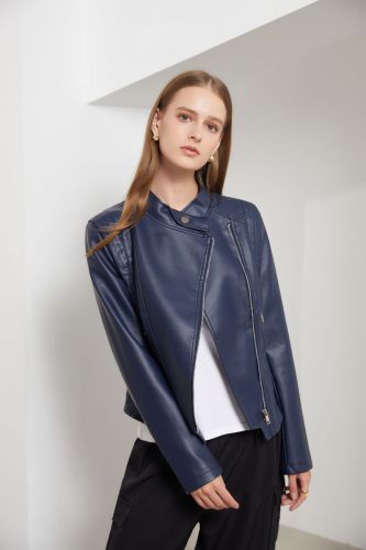 PU collar leather jacket women's long sleeved jacket short jacket
