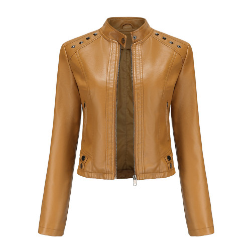 Riveted leather jacket, long sleeved jacket, stand up collar jacket