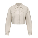 Loose collar leather jacket, long sleeved, single breasted, short jacket