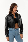 Loose collar leather jacket, long sleeved, single breasted, short jacket