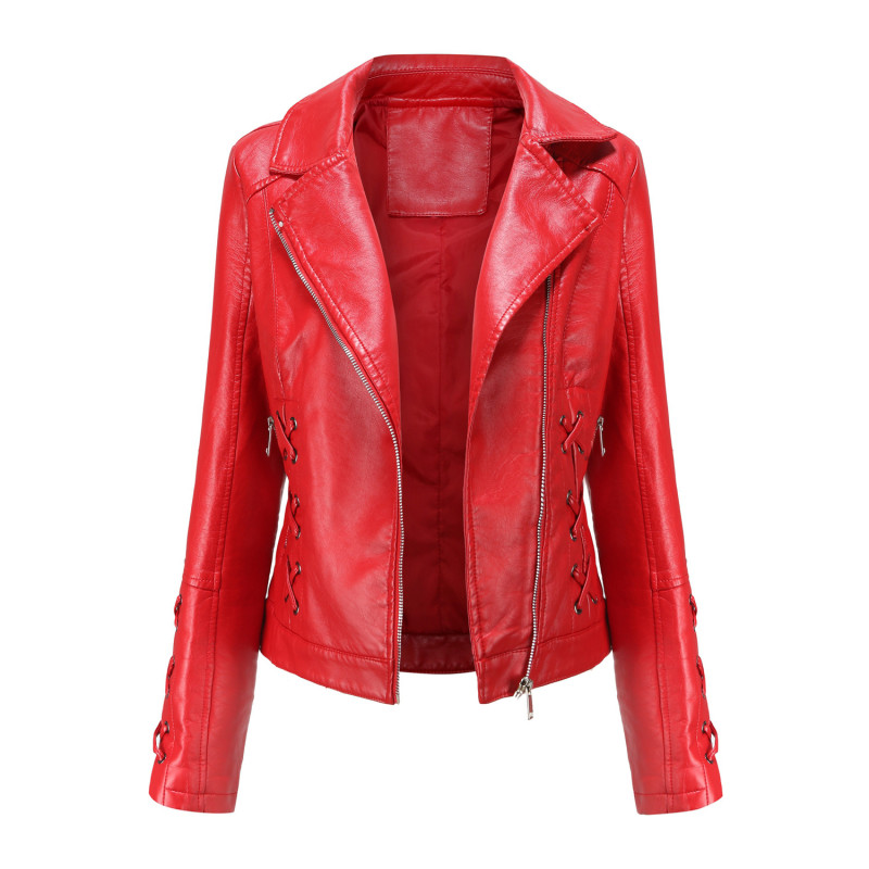 Knitted leather jacket with straps for women