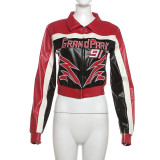 Embroidered collar, waist cinching, exposed navel, short zipper jacket