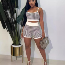 Knitted striped color blocked small suspender short set