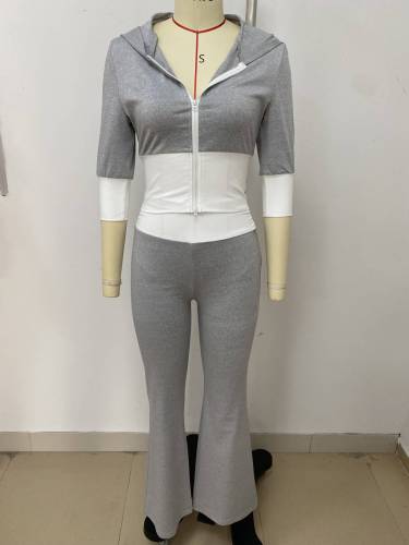 Splicing zipper five quarter sleeve jacket straight leg pants set