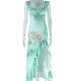 Strap wrapped chest sleeveless slit ruffle hem skirt