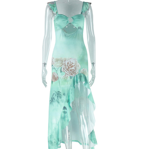 Strap wrapped chest sleeveless slit ruffle hem skirt