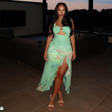 Strap wrapped chest sleeveless slit ruffle hem skirt