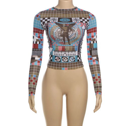 Round neck long sleeved tight fitting crop top with exposed navel