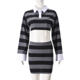 Striped color blocked shirt collar long sleeved short skirt two-piece set