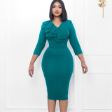 Large double-layer collar nail bead V-neck hip hugging skirt