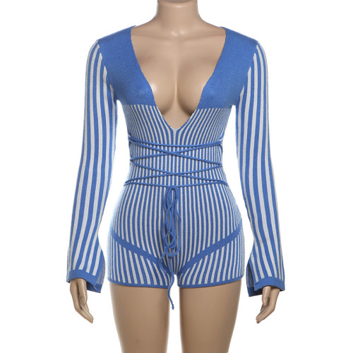 Deep V-knit striped contrasting high waisted jumpsuit