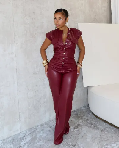 PU women's long pants sleeveless leather jacket jumpsuit