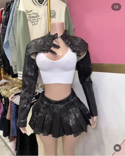 Vintage Hot Girl Leather Jacket Set