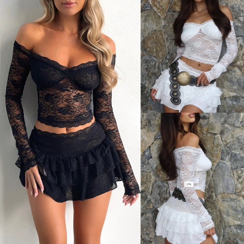 Mesh lace edge long sleeved shirt, cake skirt two-piece set