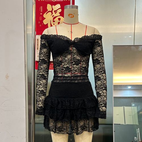 Mesh lace edge long sleeved shirt, cake skirt two-piece set