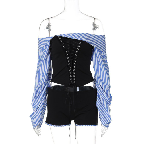 One collar striped shirt with irregular stitching, corns strap top, shorts two-piece set