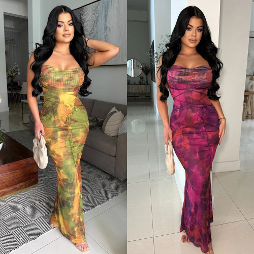 Double layer tie dye printed suspender with exposed back and tied rope high waisted dress