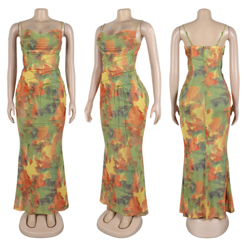 Double layer tie dye printed suspender with exposed back and tied rope high waisted dress