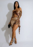 One shoulder hollowed out leopard print long sleeved dress with exposed shoulder
