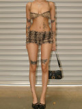 Leopard lace neck top, cake skirt, shorts set