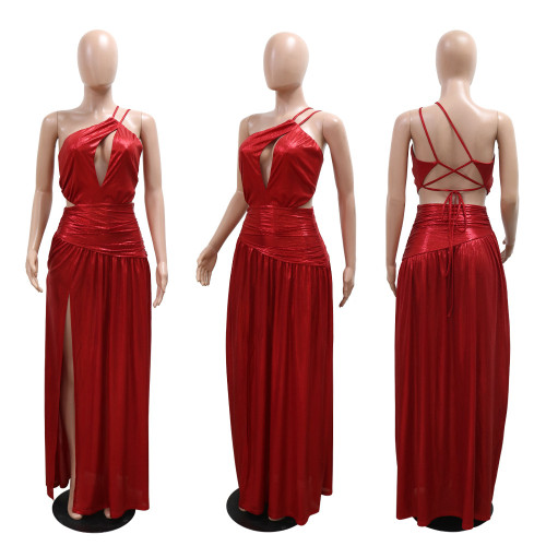Slanted shoulder sleeveless hollow high slit dress