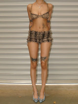 Leopard lace neck top, cake skirt, shorts set