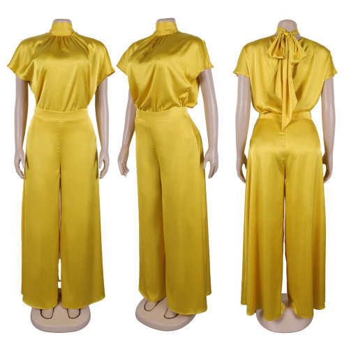 Satin smooth strap fly sleeve wide leg two-piece set