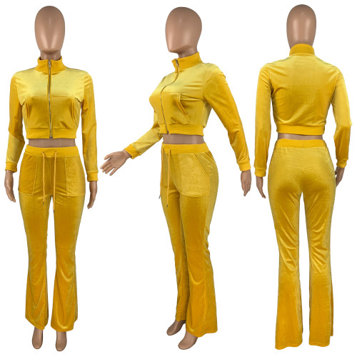 Solid color navel flared pants set